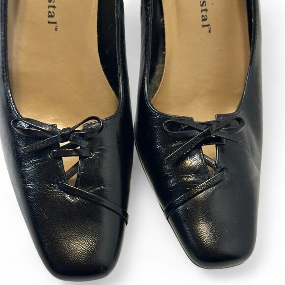 Ann Kristal Black Leather Pumps 5.5M Bow Square Toe Block Heel Y2K Eulalia - Picture 5 of 10